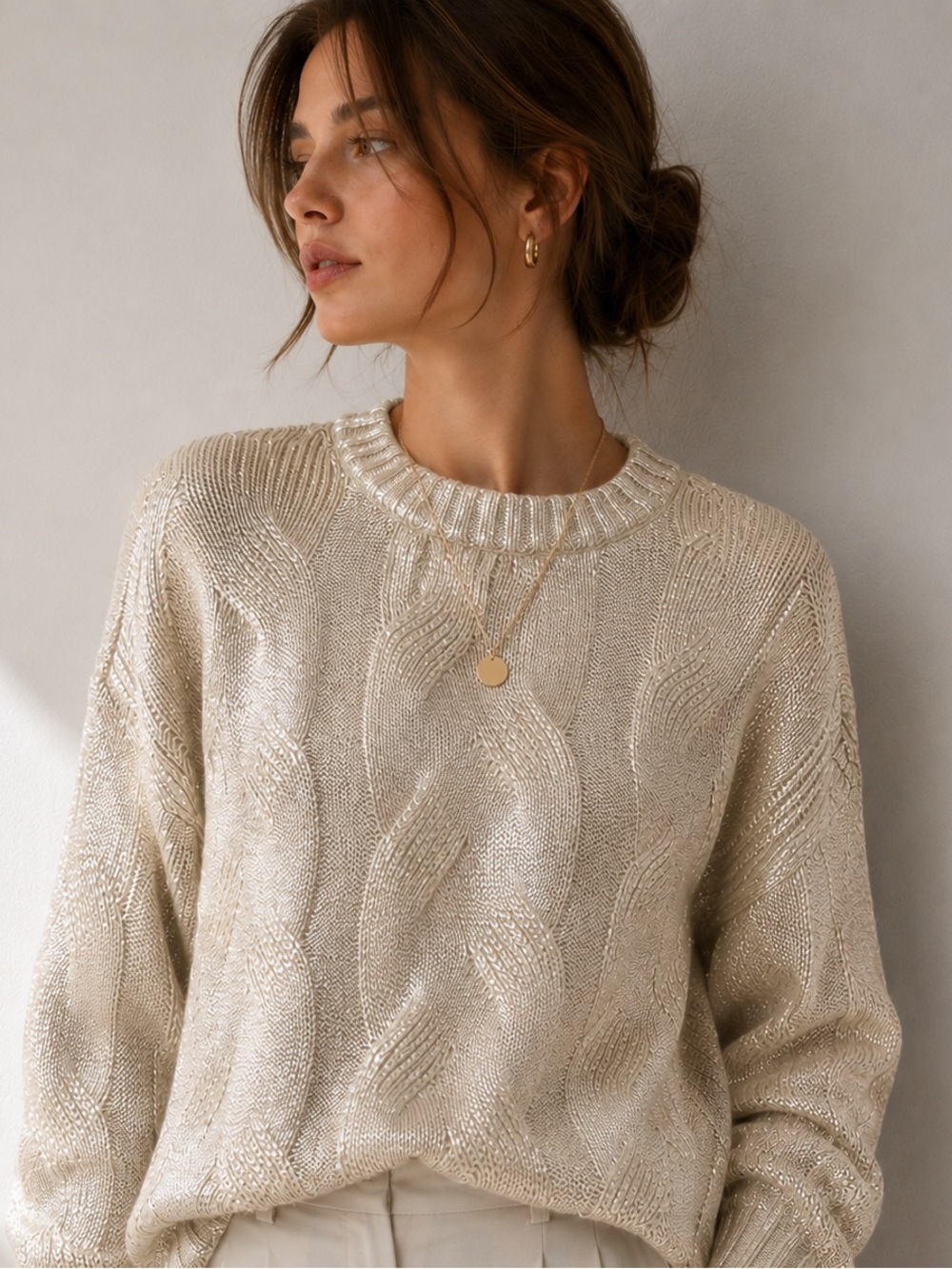 Pistola Everly Metallic Gold Foil Cable Knit Sweater Crewneck Size S - Picture 3 of 10